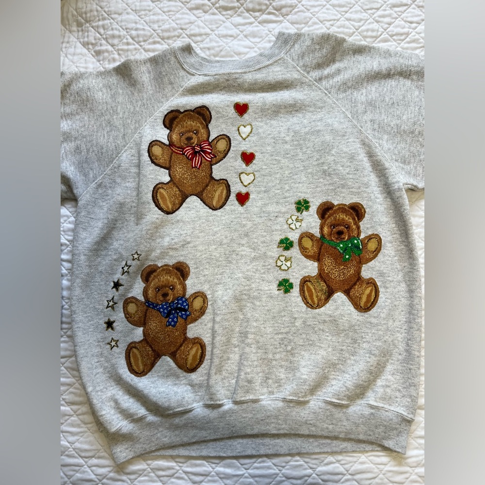 Vintage retro cute Hanes Light Gray Sweatshirt with Teddy Bear and Heart Designs